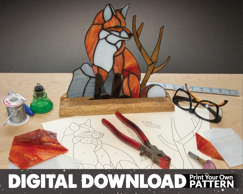 DIGITAL DOWNLOAD PATTERN: Stained Glass Fox, Tiffany Style, Intermediate Glass Pattern, Copper foiled, Printable Pattern, Sitting Fox image 1