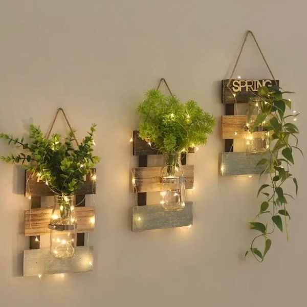 Glass Wall Hanging Vases Wooden Flower Pot Holder Home Decoration Hydroponic Plant with LED Light Nozzles Summer Winter Fall Spring