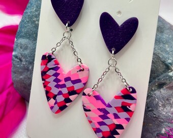 Pink & purple Bargello scrap heart dangle earrings