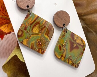 Autumn green & gold Mokume Gane dangle earrings