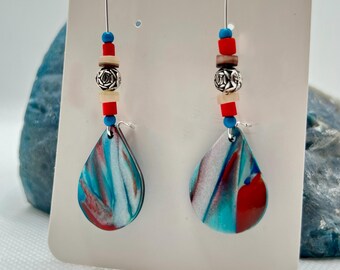 Teal & coral teardrop dangle earrings