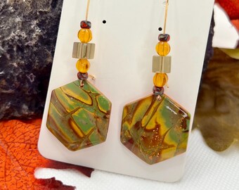 Green & gold foliage-inspired Mokume Gane hexagon dangle earrings