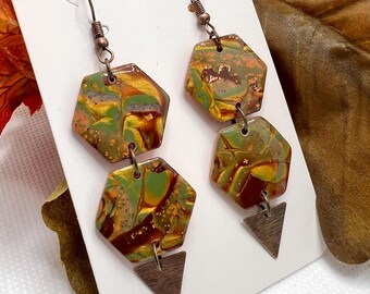 Green & gold foliage-inspired Mokume Gane hexagon dangle earrings