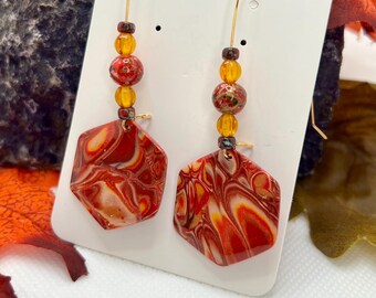 Red & orange foliage-inspired Mokume Gane hexagon dangle earrings