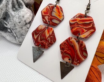 Red & orange foliage-inspired Mokume Gane hexagon dangle earrings