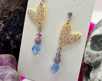 Yellow & purple heart with leopard print dangle earrings