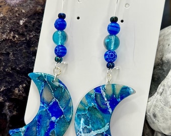 Blue ocean-inspired Moon dangle earrings