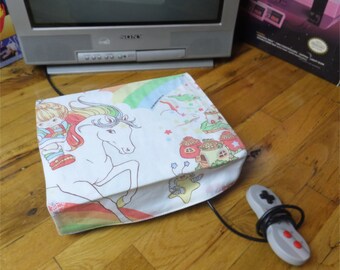 Rainbow Brite console dust cover, handmade from vintage children’s bed sheet - WRETRO WRAPPER