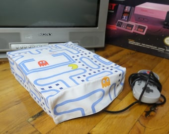 Pac-Man console dust cover, handmade from vintage children’s bed sheet - WRETRO WRAPPER