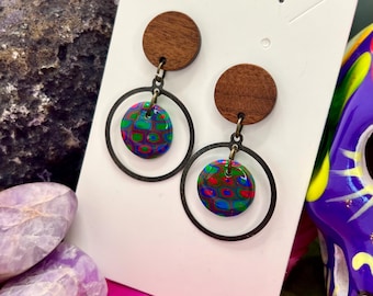 Neon Klimt-inspired cane dangle earrings