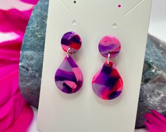 Pink & purple Bargello scrap marble teardrop dangle earrings