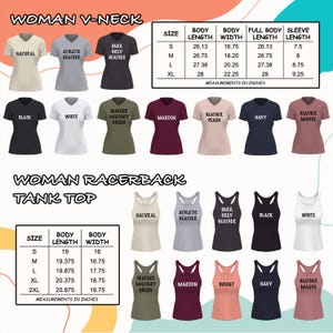 May include: A size chart for women's v-neck and racerback tank tops. The chart shows the body length, body width, full body length, and sleeve length in inches for different sizes. The chart also shows the different colours available for each style.
