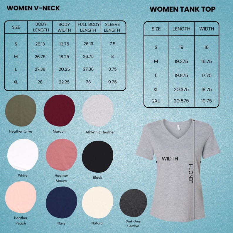 May include: Size chart for women's V-neck and tank top shirts. The chart shows the body length, body width, full body length, and sleeve length for sizes S, M, L, and XL. The chart also shows the length and width for tank tops in sizes S, M, L, XL, and 2XL. The chart is displayed against a background of color swatches for different shirt colors.