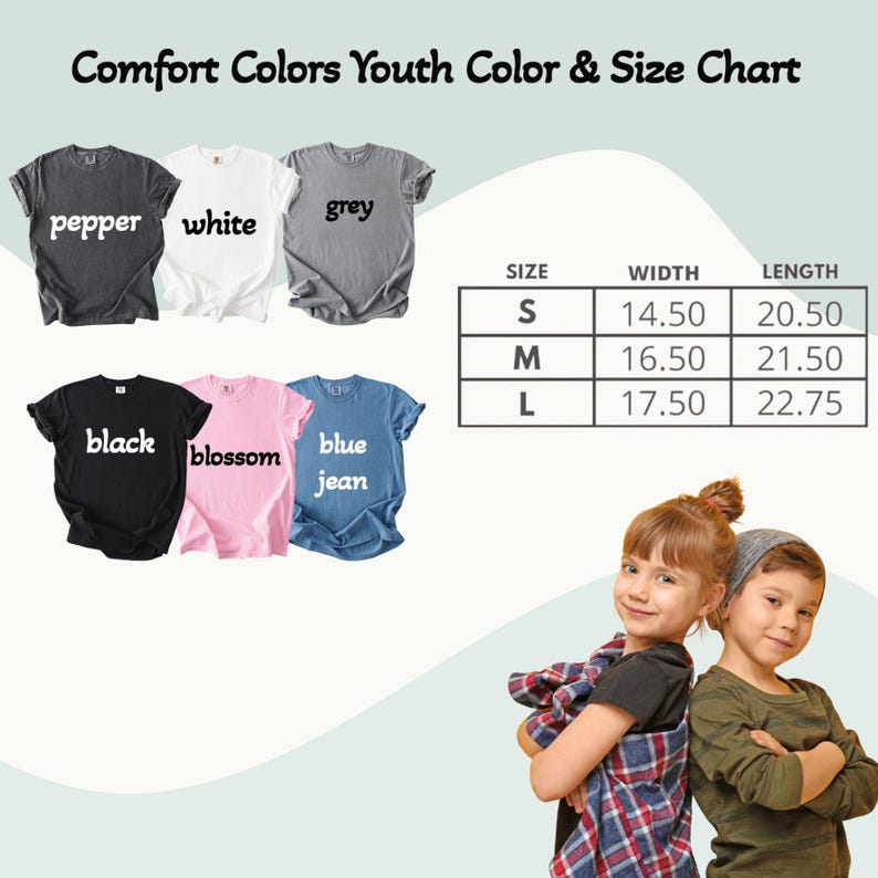 May include: A youth color and size chart with six t-shirts in various colors: pepper, white, grey, black, blossom, and blue jean. The chart includes size, width (14.50-17.50 inches), and length (20.50-22.75 inches) measurements for sizes S, M, and L.
