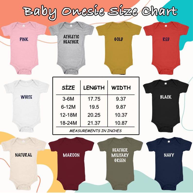 May include: A size chart for baby onesies with measurements in inches. The chart shows the length and width of onesies in sizes 3-6 months, 6-12 months, 12-18 months, and 18-24 months. The chart also shows the colour options for the onesies, which include pink, athletic heather, gold, red, white, black, natural, maroon, heather military green, and navy.