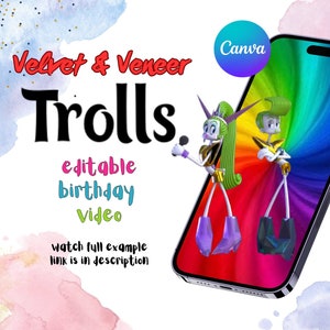 Velvet and Fineer Trolls video-verjaardagsuitnodiging, kleurrijke cartoon thema fluweel en fineer, bewerkbaar, aanpasbaar, digitale download, mp4