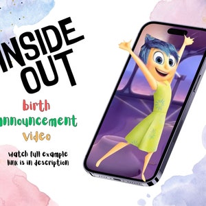 Gepersonaliseerde video geboorteaankondiging met binnenstebuiten thema Joy-thema aangepaste geboorteaankondigingsvideo, cartoon, digitale download voeg je foto toe