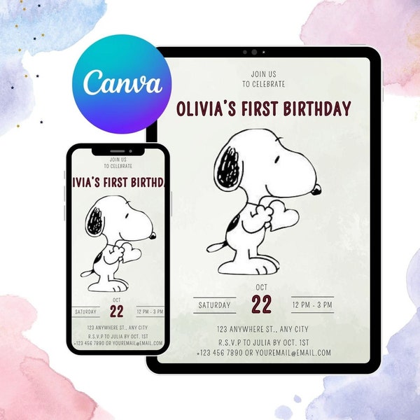 Snoopy Birthday Invitation For Children Party invite Digital Download Template Canva Kids Bday Card Dogs Theme Friends Cartoon Colorful