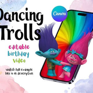 Invito video per festa di compleanno di troll, troll danzanti, download digitale a tema troll di cartoni animati colorati, modificabile, personalizzabile