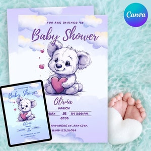Plantilla de invitación para baby shower con tema de amor de osito de peluche / Canva editable, imprimible, descarga digital, tarjeta de color de koala, futura mamá