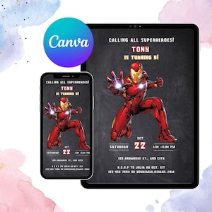 Convite de aniversário de quadro-negro do Homem de Ferro, convite do Homem de Ferro, festa, convite de super-heróis, convite de aniversário de menino, download instantâneo editável