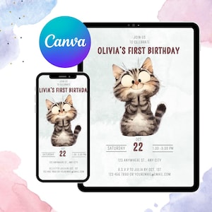 Verjaardagsuitnodiging met kattenthema voor kinderen Feestuitnodiging Digitale downloadsjabloon Canva Verjaardagskaart voor kinderen Cute Kitty Thema Cartoon kleurrijk