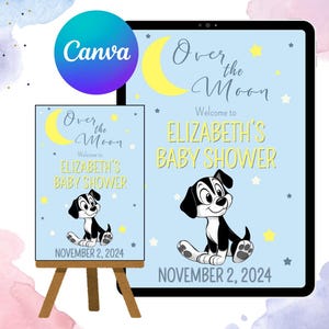 Editable Dog Baby Shower Welcome Sign, Over the moon dog baby shower Decorations, Welcome Sign, TEMPLATE Canva, editable