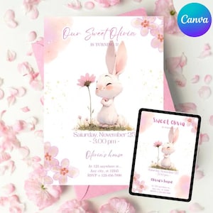 Bearbeitbare Kaninchen-Geburtstagseinladungsvorlage | Blumen | Blumen Kaninchen einladen | Druckbare | Rosa Pastell-Geburtstag für Kinder| Herunterladen