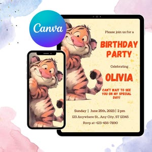 虎の誕生日招待状 | 子供向け編集可能なパーティー招待状 | テンプレート Canva 子供向け漫画カラフル | デジタル ジャングル パーティー テーマ | 印刷可能