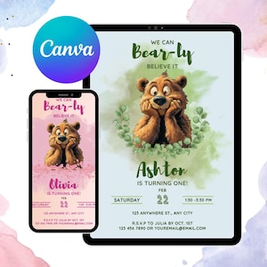 Faire-part d'anniversaire ours modifiable | Téléchargement numérique | Thème de fête des bois Animaux de la forêt | Modèle imprimable sur toile | Garçon ou fille