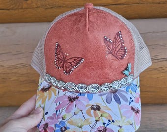 Burnt Orange Butterfly Hat, Hand Burned Western Trucker Cap, Floral Brim Cowgirl Hat with Rhinestone Band, One of a Kind Handmade