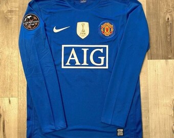 Maillot rétro manches longues bleu Manchester United UCL extérieur 2008 - 2009 - tel que porté par Ronaldo, Rooney et Giggs, maillot MU, maillot Ronaldo