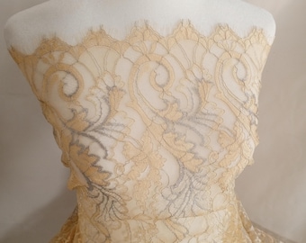 Gold Silver Metallic Leavers Lace – Gilded Scroll Whisper: Vintage Chantilly Embroidered Lace with Scalloped Edges