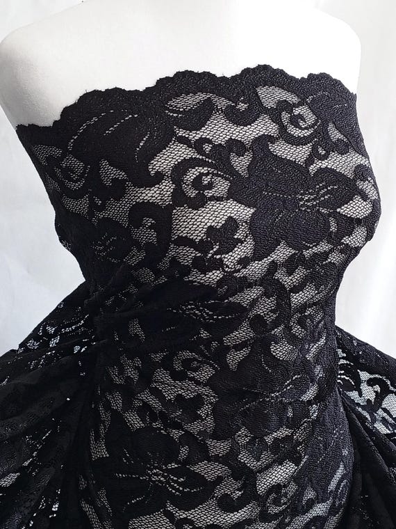 Oversized Floral Black Stretch Lace Fabric – Nocturne Bloomrise Vintage Scalloped Lace with Scroll Design