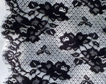 Black “Phantom Rose Lace” Gothic Chantilly Embroidery Floral Delicate Scalloped Eyelash Lace Fabric for Dresses/Evening Wear/Costume 50"