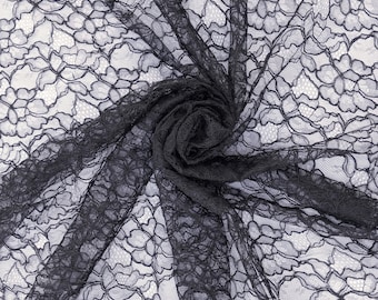 Black “Nightfall Floral Lace” Aesthetic Chantilly Embroidery Floral Delicate Scalloped Eyelash Lace Fabric for Dresses/Evening Wear 48”