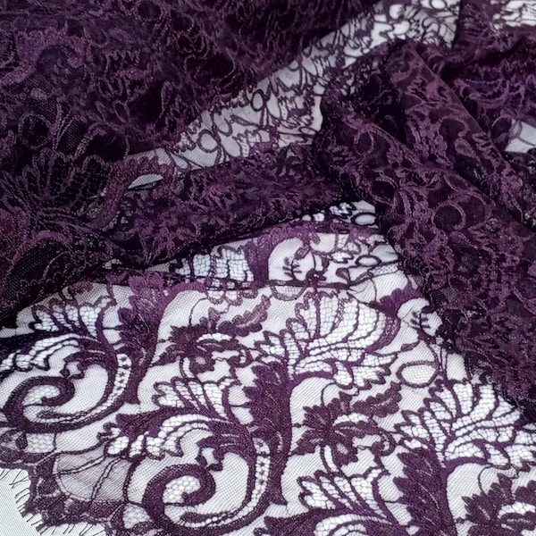 Unique "Plum Spiraling Foliage Lace" Embroidered Lace Delicate Scalloped Eyelash Lace Fabric 42" for Vintage Evening Prom Dresses/Lingerie