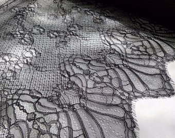 Black “Witching Hour Lace” Aesthetic Goth Floral Vintage Embroidered Delicate Scalloped Eyelash Lace Fabric for Dresses/Evening Wear  37"