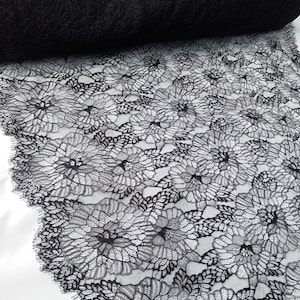 Black “Raven Flora Lace” Aesthetic Vintage Flower Chantilly Embroidered Floral Lace Delicate Scalloped Eyelash Lace Fabric for dresses 34"