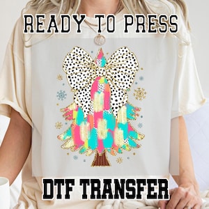 Colorful Christmas Tree Coquette Dtf Transfer, Christmas Tree Bow Coquette Ready to Press Dtf Transfer, Christmas Tree Dtf Transfer