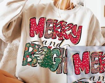Merry And Bright Ready to Press Christmas DTF Transfer, Xmas Dtf Transfers, Holiday Iron on