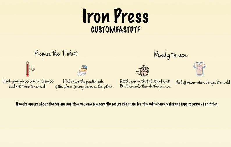 May include: An instructional graphic with the text "Iron Press CUSTOMFASTDTF" and steps for heat transfer. Includes illustrations of a thermometer, iron, timer, and t-shirt, with instructions on preparing and using the press.