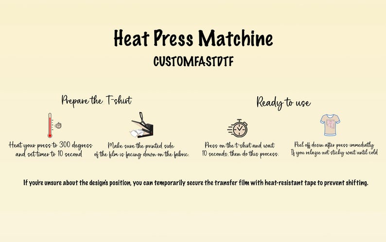 Puede incluir: Un diagrama que muestra c&oacute;mo usar una prensa de calor para transferir una imagen a una camiseta. Los pasos incluyen calentar la prensa a 150 grados Celsius, configurar el temporizador a 10 segundos, asegurarse de que el lado impreso de la pel&iacute;cula est&eacute; mirando hacia abajo sobre la tela, presionar la camiseta durante 10 segundos y despegar el dise&ntilde;o despu&eacute;s de la presi&oacute;n. CUSTOMFASTDTF