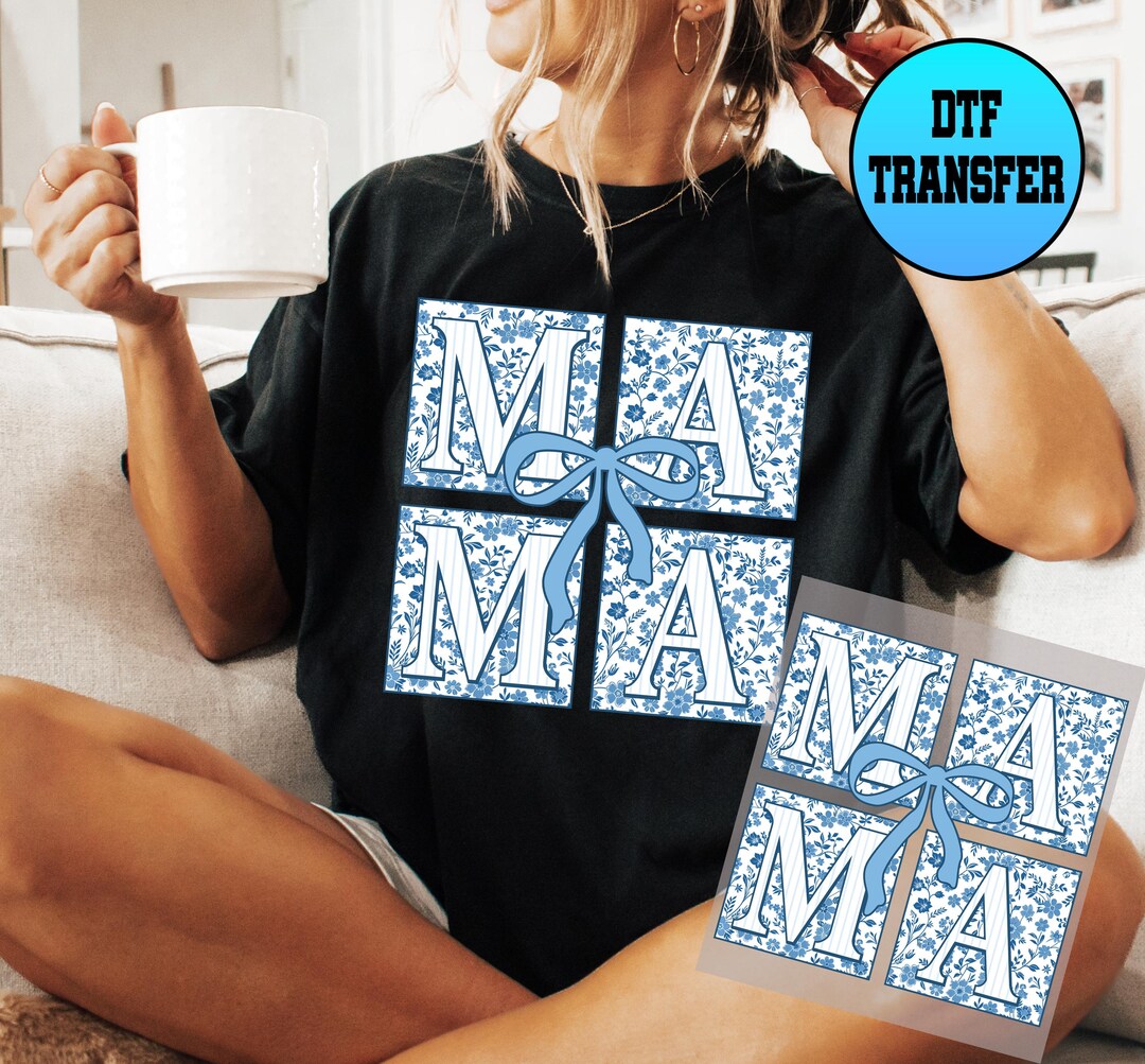 Mama DTF Transfer, Blue Floral Chinoiserie Ready to Press Heat Transfer ...