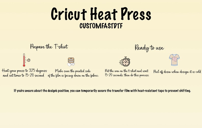 May include: Instructions for using a Cricut heat press, with the text "Cricut Heat Press CUSTOMFASTDTF". The steps include heating the press to 325 degrees and setting the timer for 15-20 seconds. The image also shows how to prepare and use the heat press.