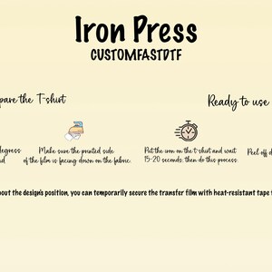 Puede incluir: Un diagrama con instrucciones sobre c&oacute;mo usar una prensa de calor para aplicar un dise&ntilde;o a una camiseta. Los pasos incluyen preparar la camiseta, aplicar la prensa de calor y despegar el dise&ntilde;o una vez que est&eacute; fr&iacute;o. El texto "Iron Press CUSTOMFASTDTF" est&aacute; en la parte superior del diagrama.