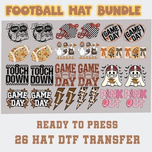 May include: A collection of football-themed designs for hats. Includes bulldog and duck illustrations, footballs, helmets, and text like "Game Day" and "Touch Down." The designs are in various colors and styles, ready to press.