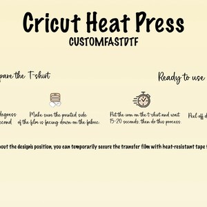 Puede incluir: Instrucciones para usar una prensa de calor Cricut para aplicar un dise&ntilde;o a una camiseta. Los pasos incluyen calentar la prensa a 325 grados Fahrenheit, configurar el temporizador durante 15-20 segundos, asegurarse de que el lado impreso de la pel&iacute;cula est&eacute; mirando hacia abajo sobre la tela, colocar la plancha sobre la camiseta y esperar 15-20 segundos, y despegar el dise&ntilde;o cuando est&eacute; fr&iacute;o.