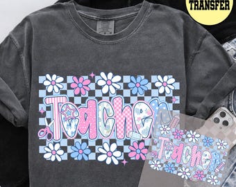 Floral Checkered Teacher DTF Transfer Ready to Press,Back to School Teacher Ready to Press Dtf Print, First Da Of School Dtf