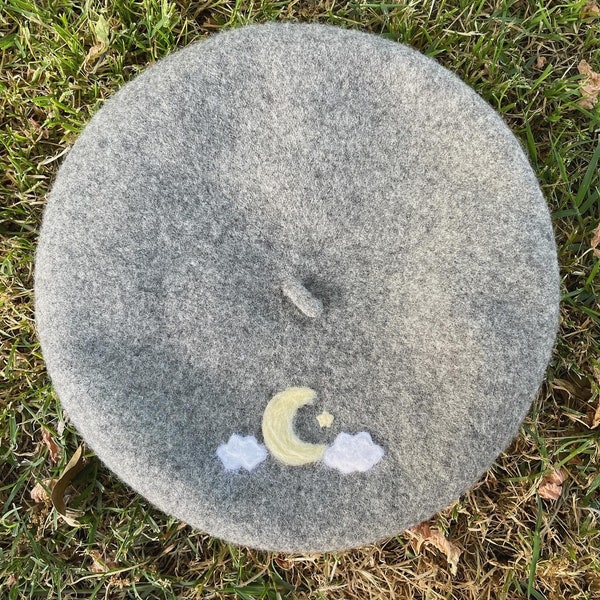 Wool Celestial Moon Beret Needle Felted Hat